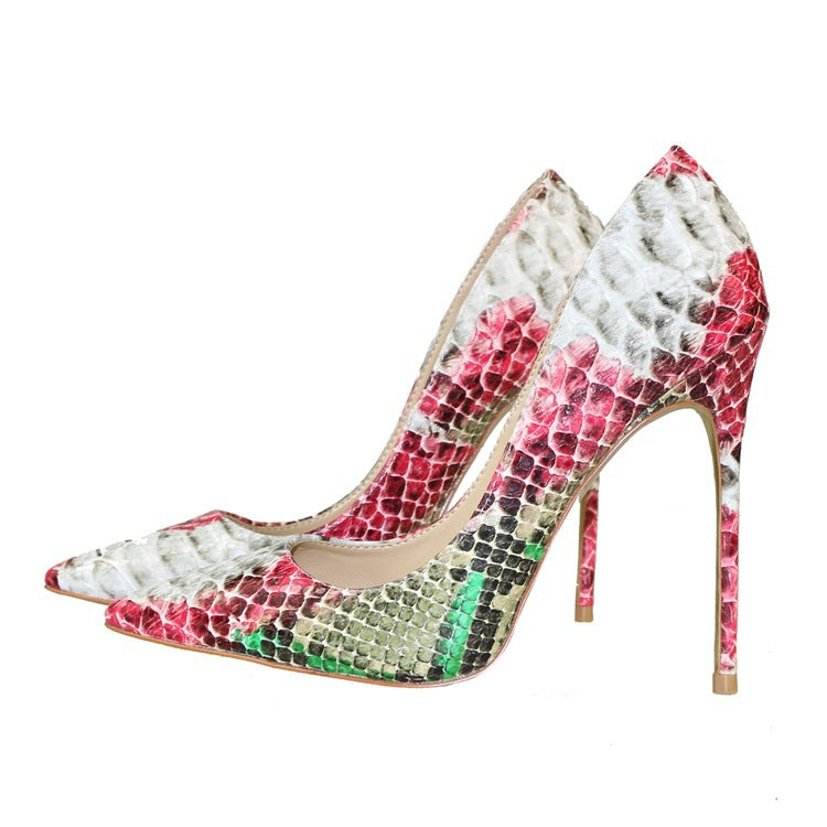 Pointed Snake Pattern Low-cut High Heels