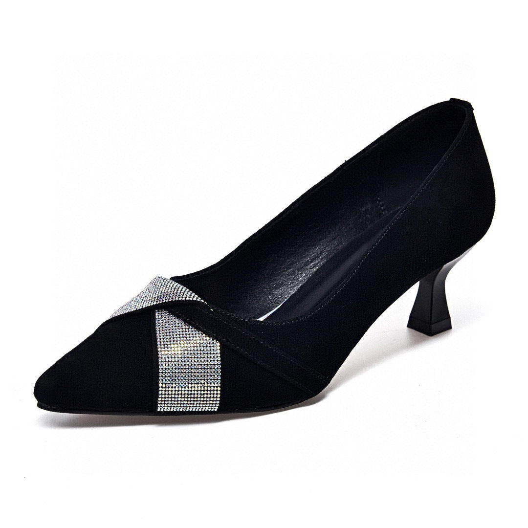 Pointed High Heels Women's Black Sheepskin Rhinestone