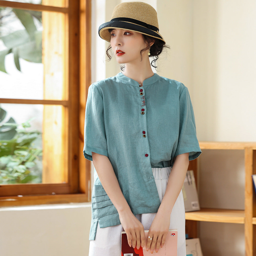 Ladies Vintage Stand Collar Linen Shirt