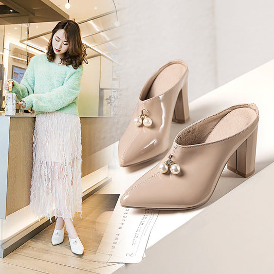 Pearl Pointed Toe Sandals Slip-ons Toe Toe Block Heel Women's Shoes