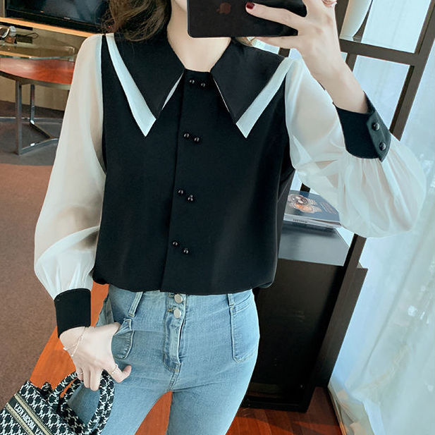 Chiffon Long Sleeve Shirt Ladies Lantern  Doll Collar