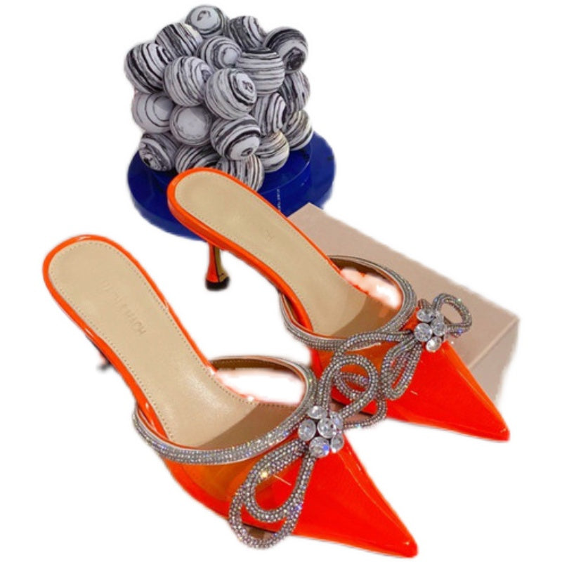 Bow-knot Rhinestone Pointed-toe Stiletto Sandals