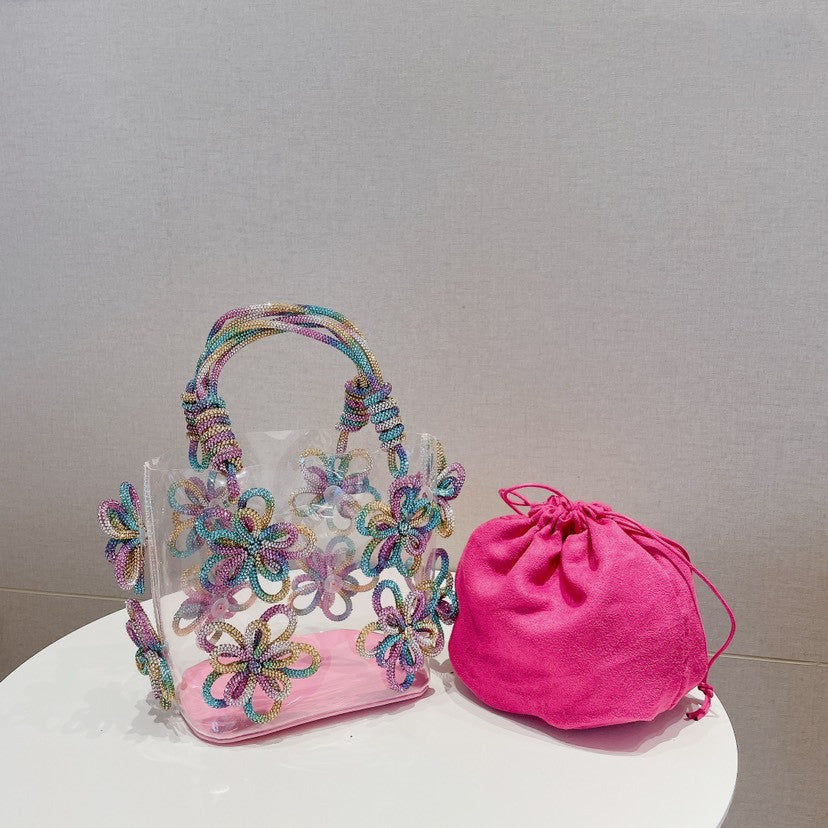 Colorful Rhinestone Transparent Flower Portable Basket Pack