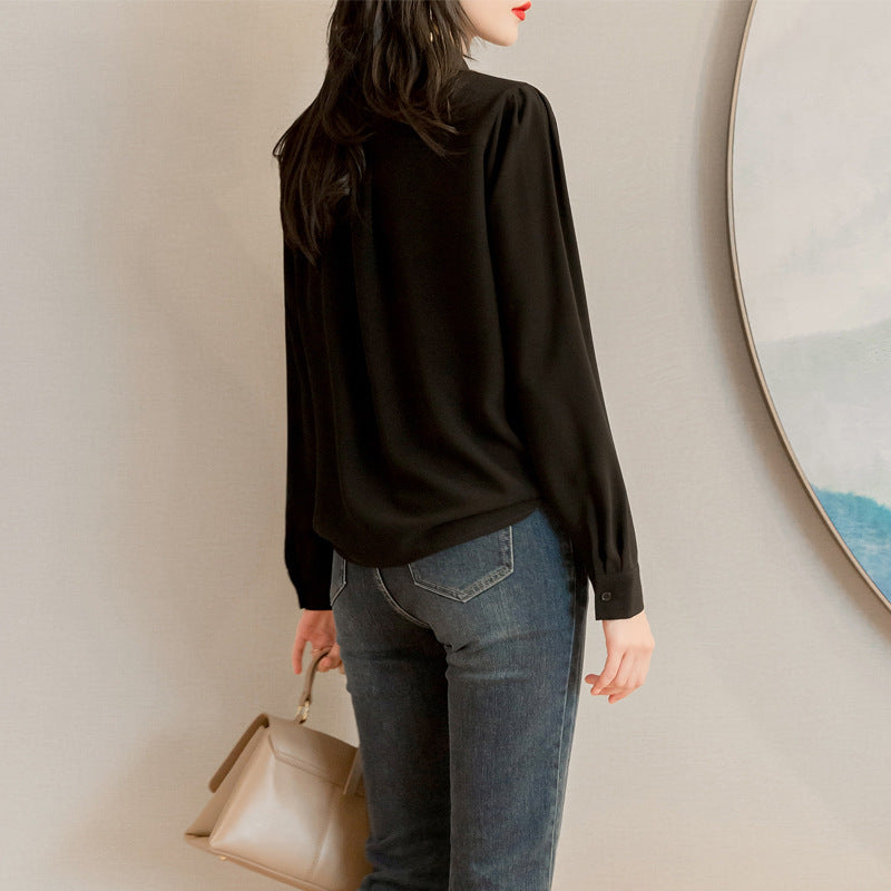 Long Sleeve Black Chiffon Top Ladies Blouse