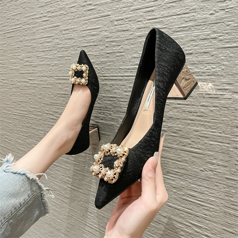 Fairy Style Pearl Thick Pointed Toe High Heels